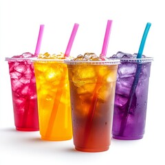 Four colorful iced drinks with straws and ice cubes in plastic cups isolated on white background.