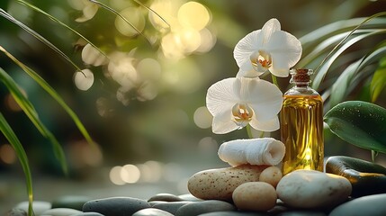 Spa and wellness massage setting Still life with aroma oil towel and stones Outdoor summer background with fresh white orchid Copy space : Generative AI