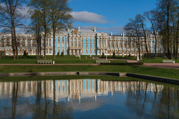 View of the Catherine Palace with a reflection in the Mirror Pond of the Catherine Park in...