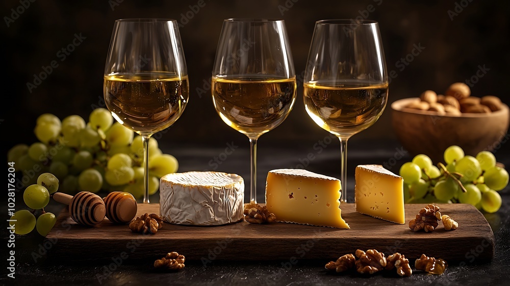 Aufkleber Assortment of cheese with white wine honey nuts grape on a modern cutting board slate background : Generative AI
