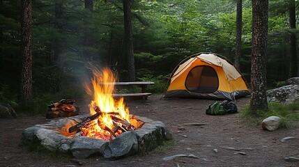 Campfire Scene in Serene Forest Setting