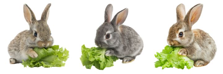 A domestic rabbit with soft fur is shown nibbling on a piece of lettuce, isolated on a transparent background
