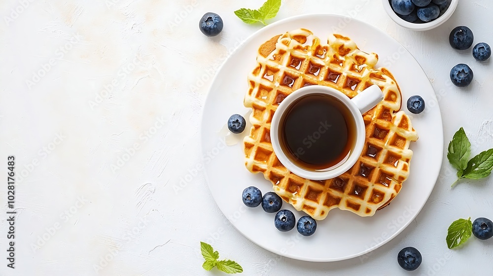 Aufkleber fresh waffles with cup of coffee blueberries and honey white background top view : generative ai