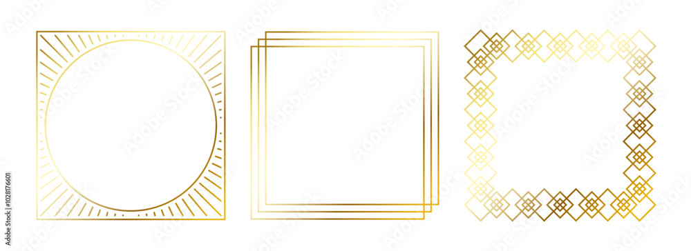 Poster Gold thin frames set. Golden square borders in art deco style. Thin linear radiance rectangular elements collection. Yellow glowing shiny boarders pack. Vector bundle for photo, cadre, poster, card