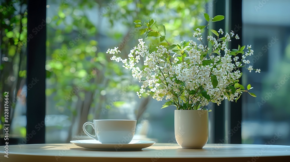 Poster Breakfast setting table blurred background Dishware and flowers Copy space : Generative AI
