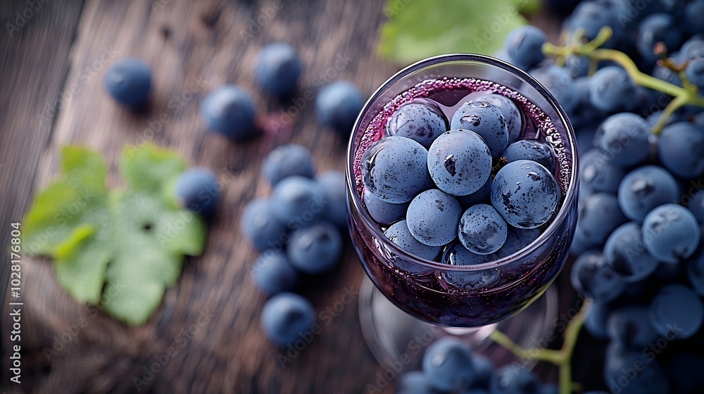 Poster Glass of red wine and grape Wooden table background Close up Copy space : Generative AI
