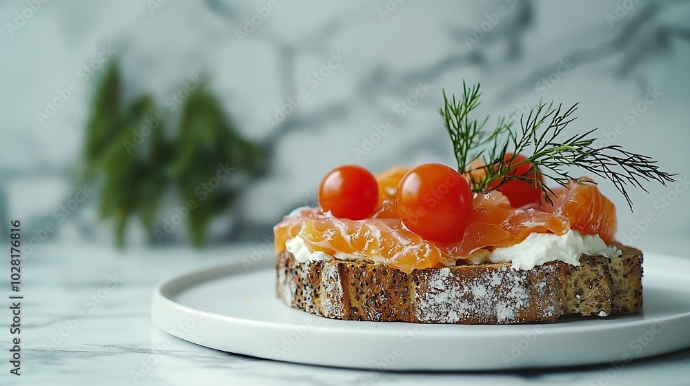 Poster sandwich toast with smoked salmon and cream cheese on white plate marble background copy space : gen