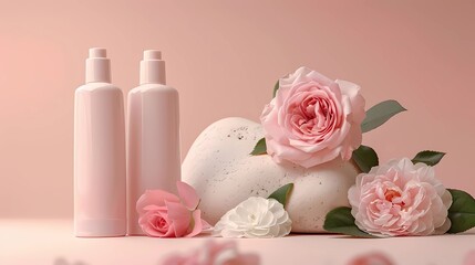 A pale pink shampoo bottles are placed next to the rock for you to use in scenes of pale pink roses and white camellias, Generative AI illustratiions.
