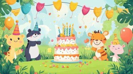 Obraz premium Colorful cartoon animals celebrating a birthday party with cake and balloons