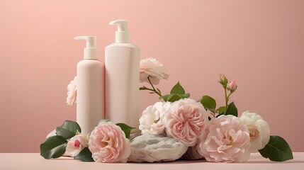 A pale pink shampoo bottles are placed next to the rock for you to use in scenes of pale pink roses and white camellias, Generative AI illustratiions.