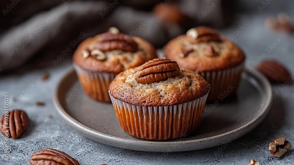 Poster pecan nut muffins on a plate grey background close up : generative ai