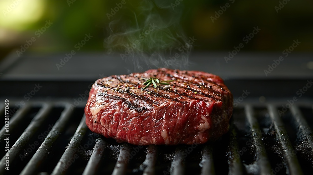 Poster Beef steak on grill surface Copy space Grey stone background : Generative AI