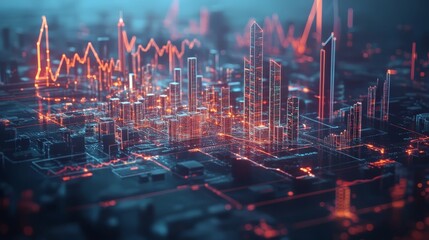 Futuristic Cityscape with Glowing Lines and Data Visualization
