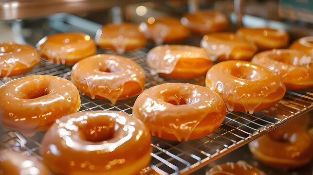 A freshly fried dozen glazed donuts on mesh tray, in dunkin donut shop, Generative AI illustratiions.
