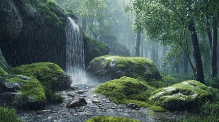 Rain-Soaked Forest Stream with Mossy Rocks and a Waterfall