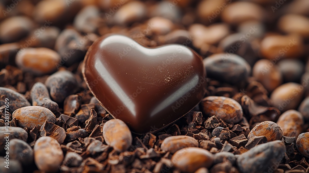 Poster heart shaped chocolate candy on crushed cocoa nibs close up copy space : generative ai