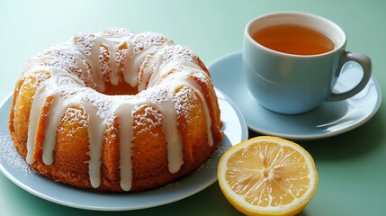 Lemon bundt cake with cup of tea Blue background Top view Copy space : Generative AI