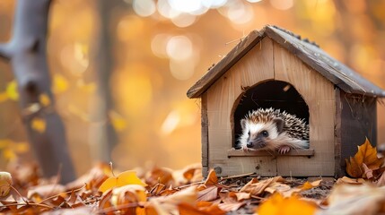 Plakat A hedgehog pet going out from wooden house in autumn forest, Generative AI illustrations.