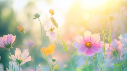 Pink and white cosmos flowers in a field with the sun shining in the background.