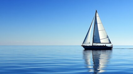 Fototapeta premium Aerial view of a white sailing boat cruising across a peaceful blue sea, representing freedom, adventure, and the tranquility of ocean travel.