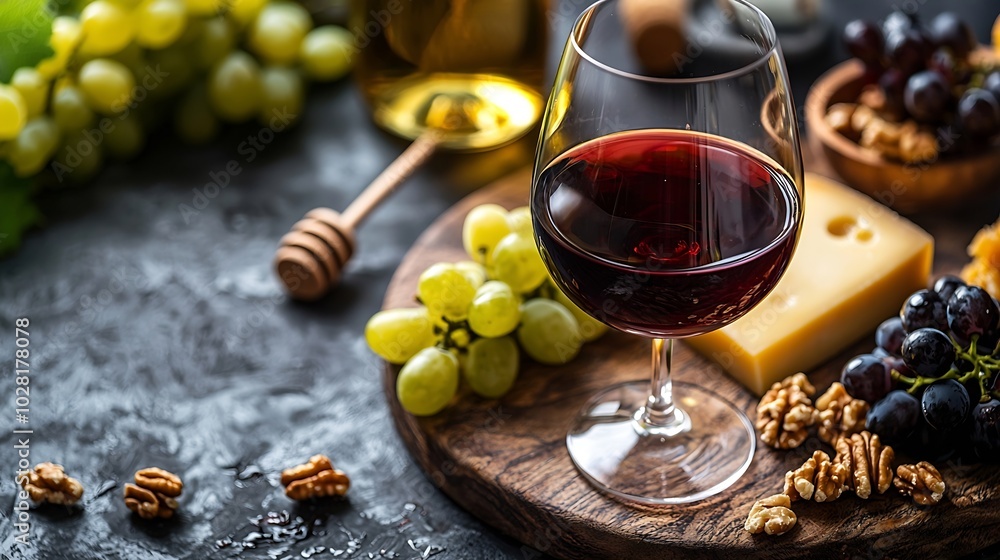 Poster Red wine in glass with assortment of cheese honey nuts and grape on a modern cutting board slate background : Generative AI