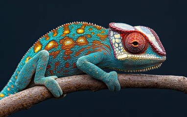 A vibrant blue and orange chameleon perched on a branch, its red eye looking intensely at the camera.