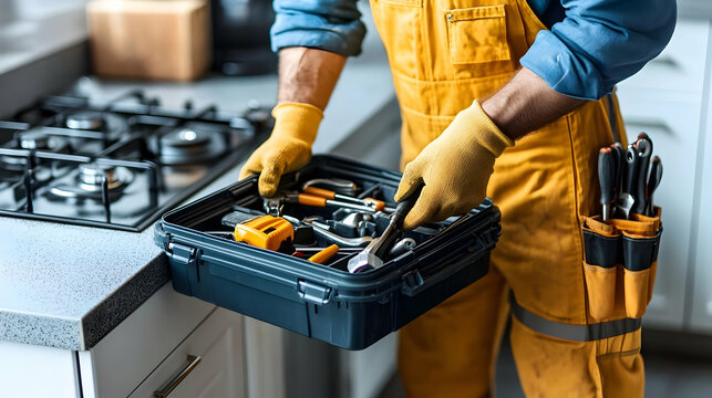 Handyman holding a toolbox full of tools.
