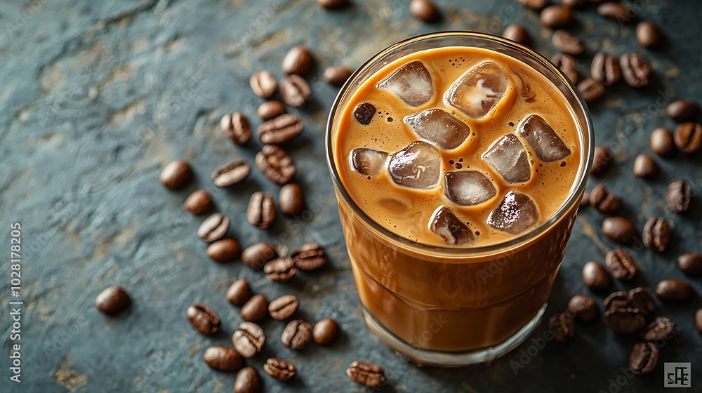 Poster ice coffee in a tall glass with cream and coffee beans on a grey stone background top view copy spac