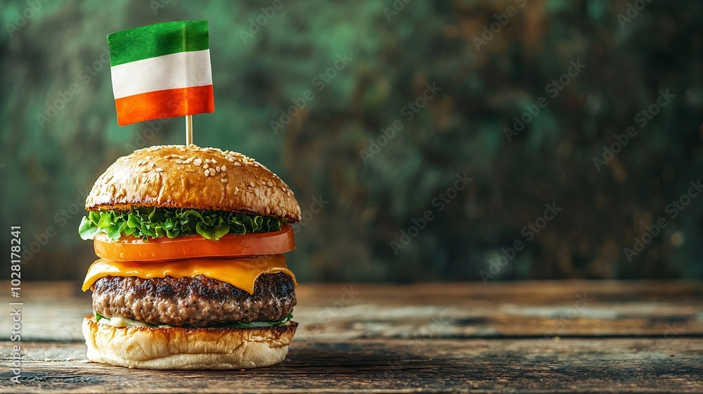 Poster burger with irish flag on top wooden background copy space : generative ai