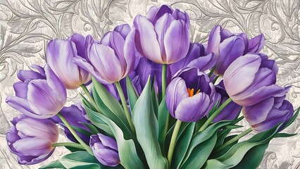 Obraz premium Purple and blue tulips watercolor illustration set. Seamless background pattern. Fabric wallpaper print texture.