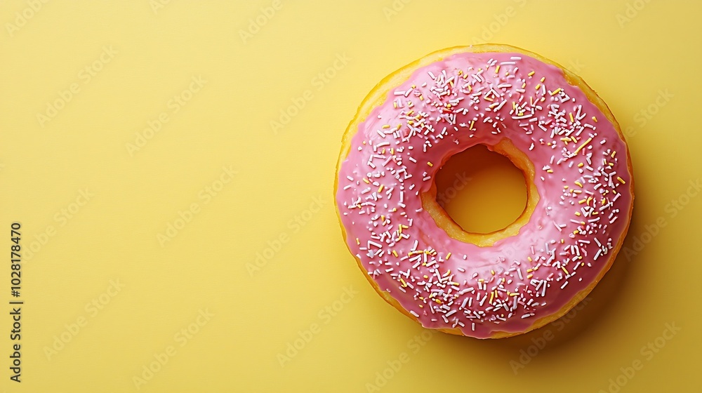 Poster donut on yellow background top view copy space : generative ai
