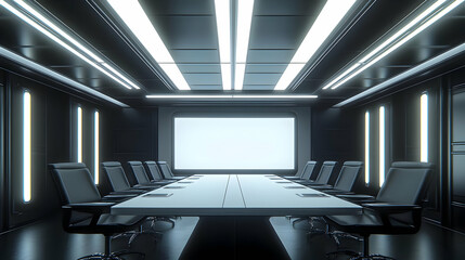 Fototapeta premium Modern futuristic boardroom with empty chairs and blank screen.