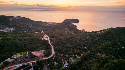 Aerial of Koh Nang Yuan islet at sunset beach in the island of Koh Phangan Thailand holiday...