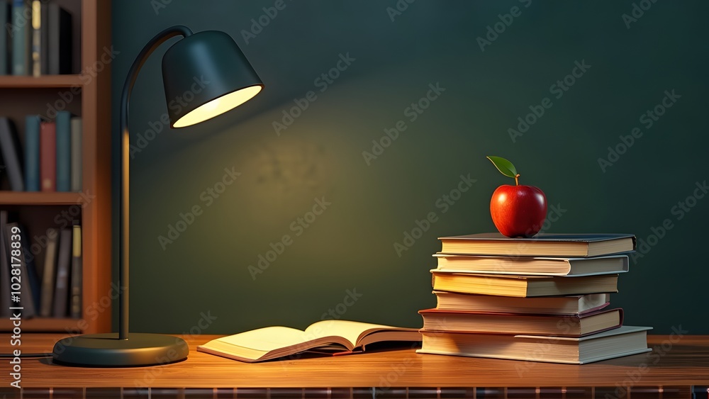 Poster books and an apple on a table with a lamp in the background generated by ai