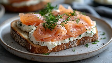 Sandwich toast with smoked salmon and cream cheese on plate with Norwegian flag Grey background Top view : Generative AI