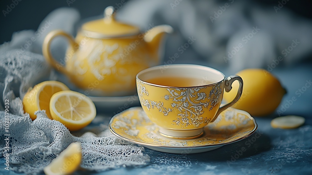 Poster tea cup and pot with lemon grey background close up top view : generative ai
