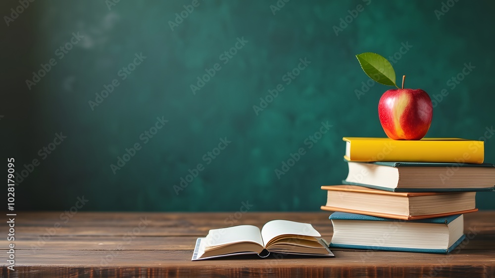Poster books and an apple on a table with a lamp in the background generated by ai