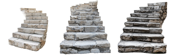 A stone staircase with worn steps leading upwards, isolated on a transparent background. The weathered texture and uneven edges suggest age and frequent use, giving a rustic, historic appearance