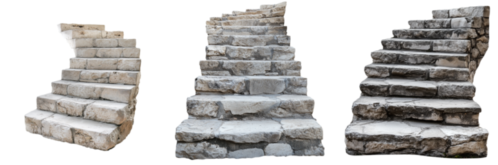 A stone staircase with worn steps leading upwards, isolated on a transparent background. The weathered texture and uneven edges suggest age and frequent use, giving a rustic, historic appearance