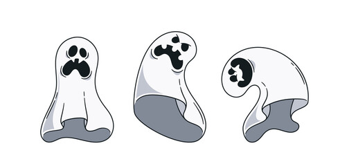 Three Cartoon Vector Ghosts Expressing Different Emotions. Perfect For Halloween Themes And Decorations