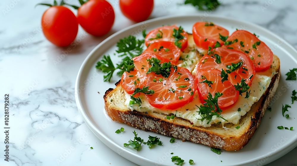 Poster sandwich toast with smoked salmon and cream cheese on white plate marble background close up : gener