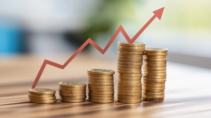 Gold Coins Stacked in a Growing Bar Graph with Red Arrow