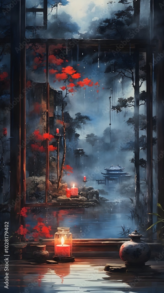 Aufkleber chinese temple with red lanterns in the fog,3d rendering generated by ai