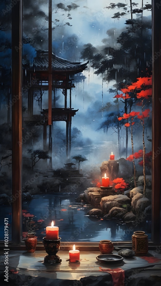 Poster chinese temple with red lanterns in the fog,3d rendering generated by ai