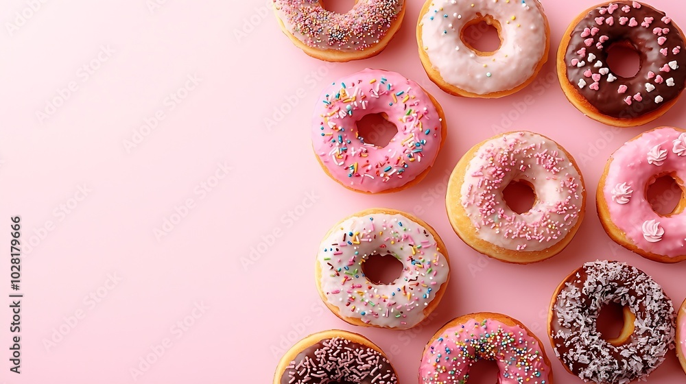 Poster donuts assortment on pink pastel background copy space top view : generative ai