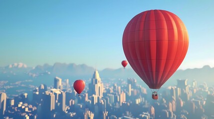 In the blue, clear sky, red hot air balloons float at varying distances, Generative AI illustrations.