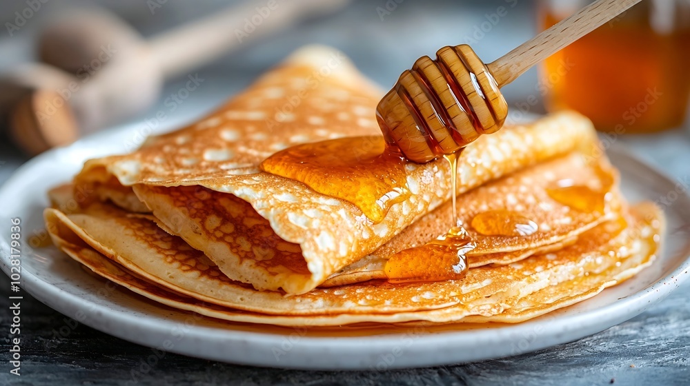 Poster crepes blini thin pancakes with honey on a white plate marble background top view : generative ai