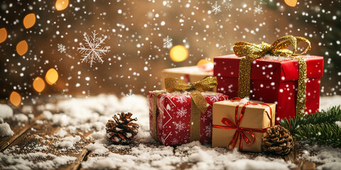 Christmas presents wrapped in red and gold, sitting in the snow with falling snowflakes and pinecones, evoking a festive and magical holiday atmosphere.