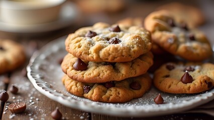 Chocolate chip cookies with icing sugar on a wooden table, Cookie Day. Generated by AI