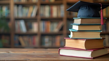 Graduation cap and books on wooden table in the library. Education background Generated by AI